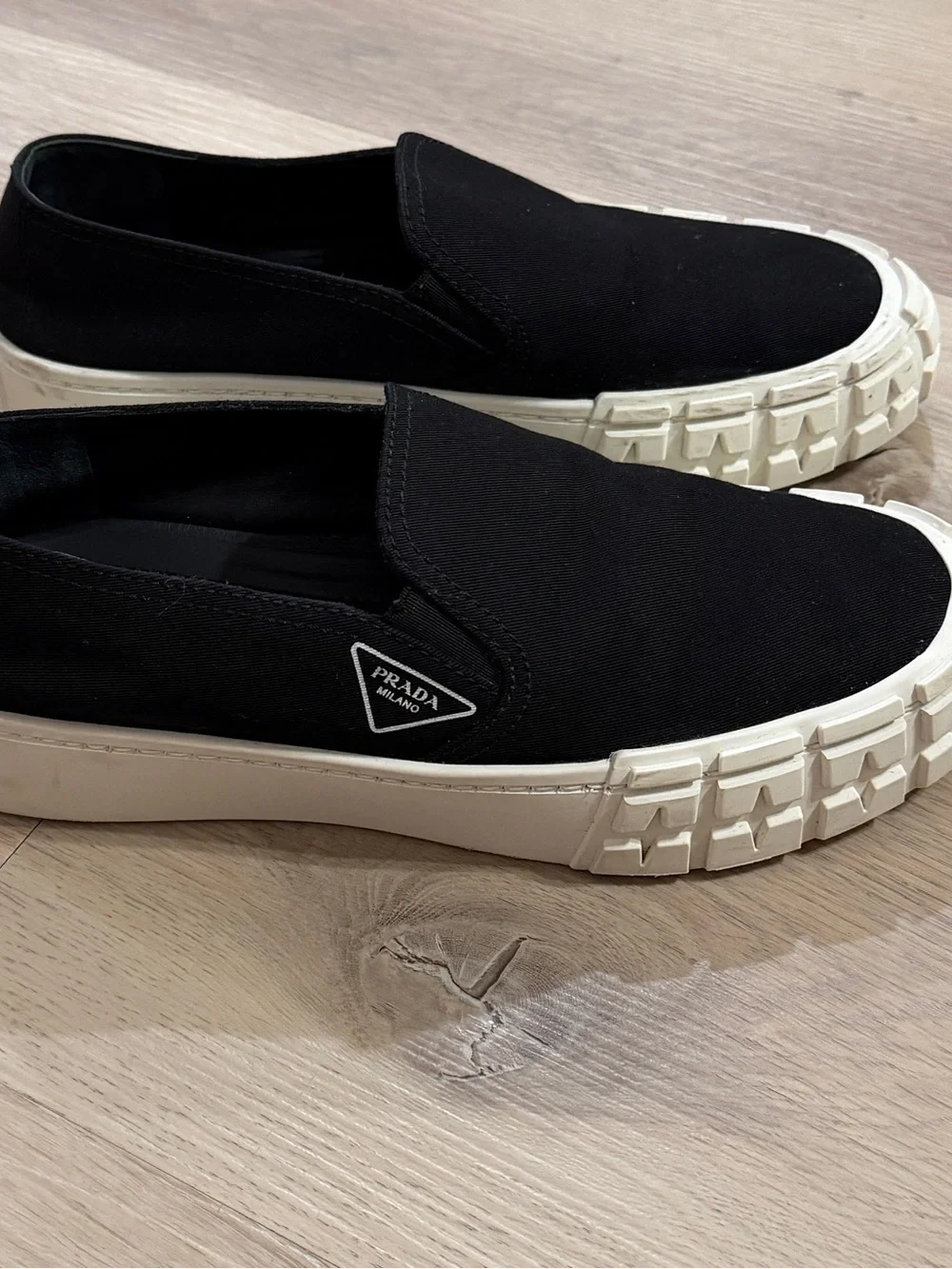 Prada Black Canvas Slip-On Sneakers with Cream Platform - Picture 2 of 10